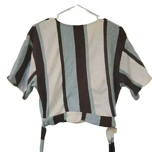Zara Women's Blue/Cream/Brown Striped Cotton Poly Wrap Shirt - Picture 8 of 12